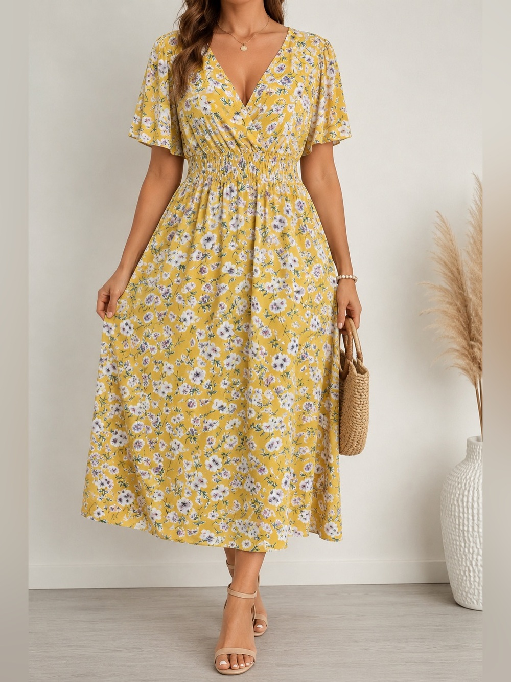NWT Mustard Yellow Floral Midi Dress XL Faux Wrap Smocked Waist